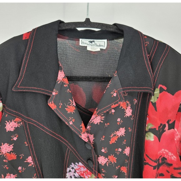 Tommy n Loulou Vintage Floral Button Up Blouse Black Red Sheer Rayon Made in USA - Picture 3 of 8